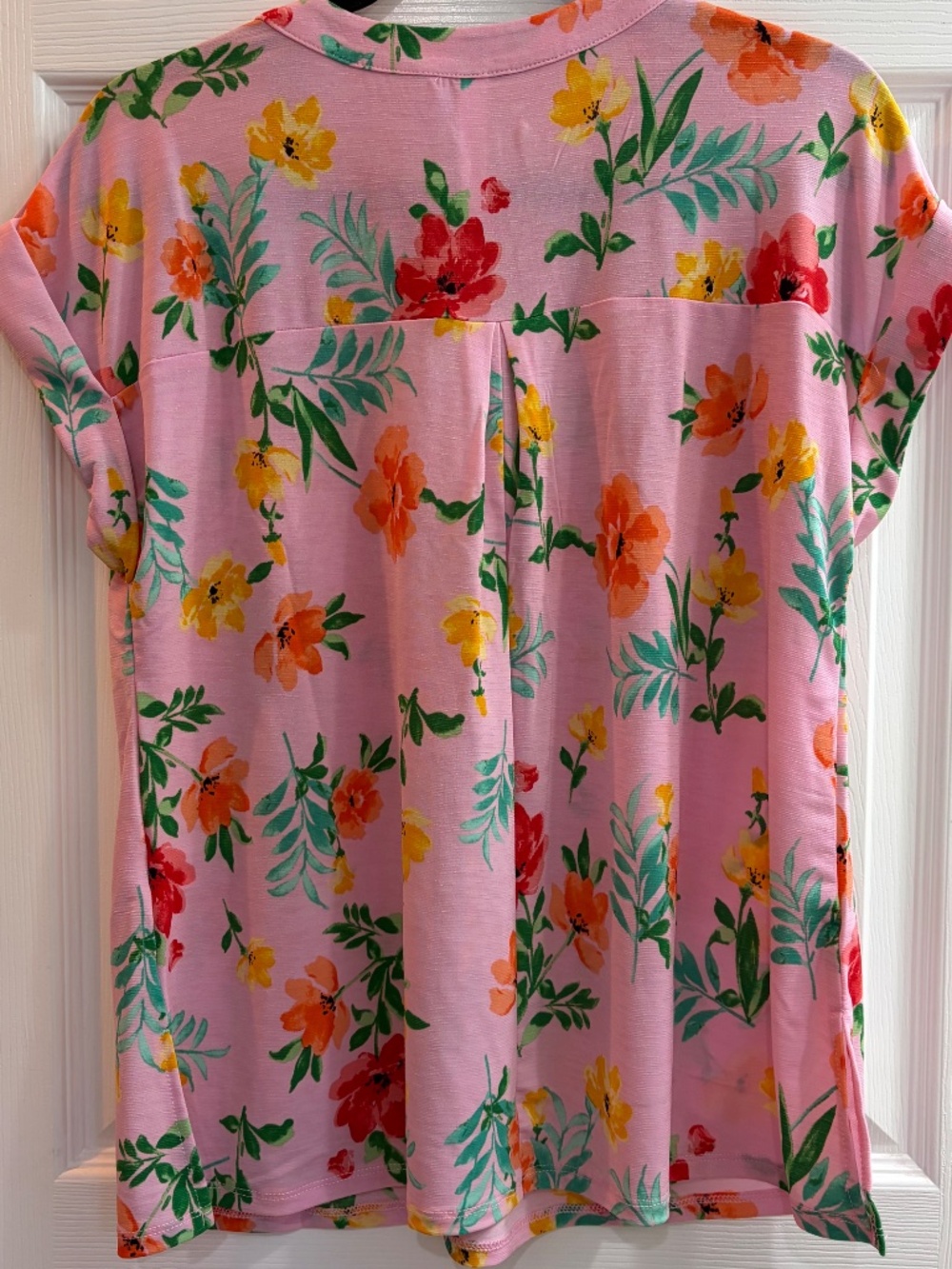New Dear Scarlett Pullover Shirt Short Sleeve Roll Tab Blouse Floral Pink - Picture 8 of 8